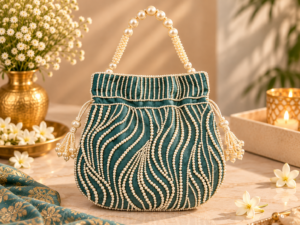 Pearl Cascade Teal Potli Bag
