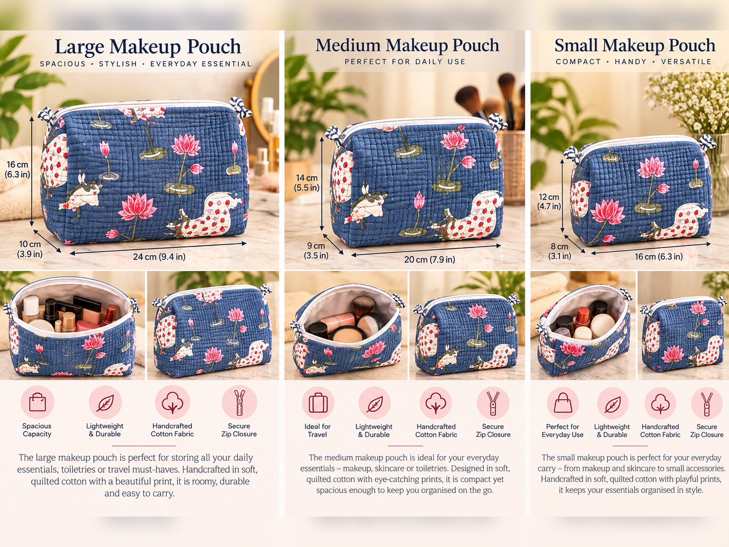 Midnight Lotus Quilted Makeup Bag Set (Pack of 3) - Image 2