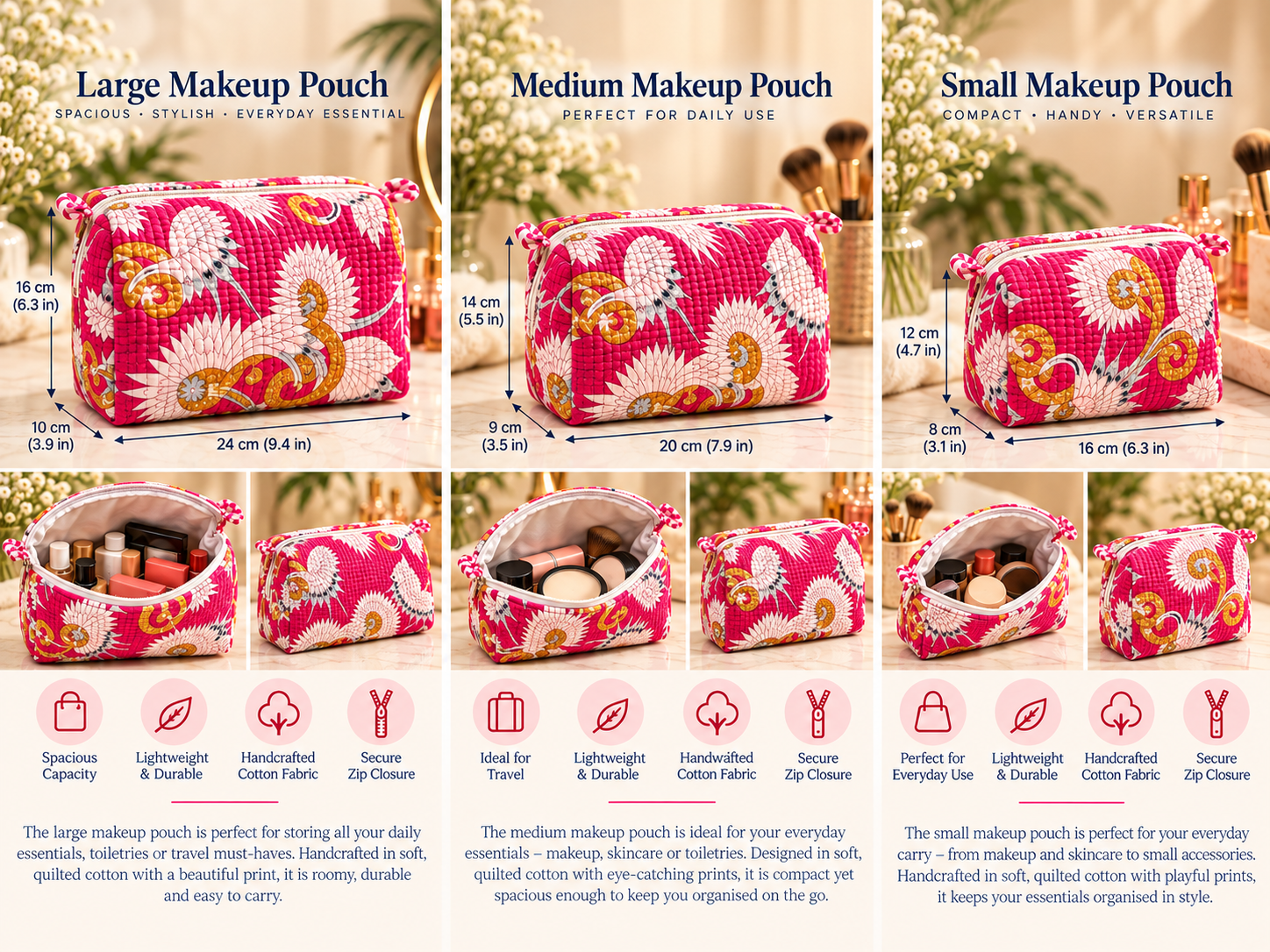 Rani Pink Quilted Makeup Bag Set (Pack of 3) - Image 2
