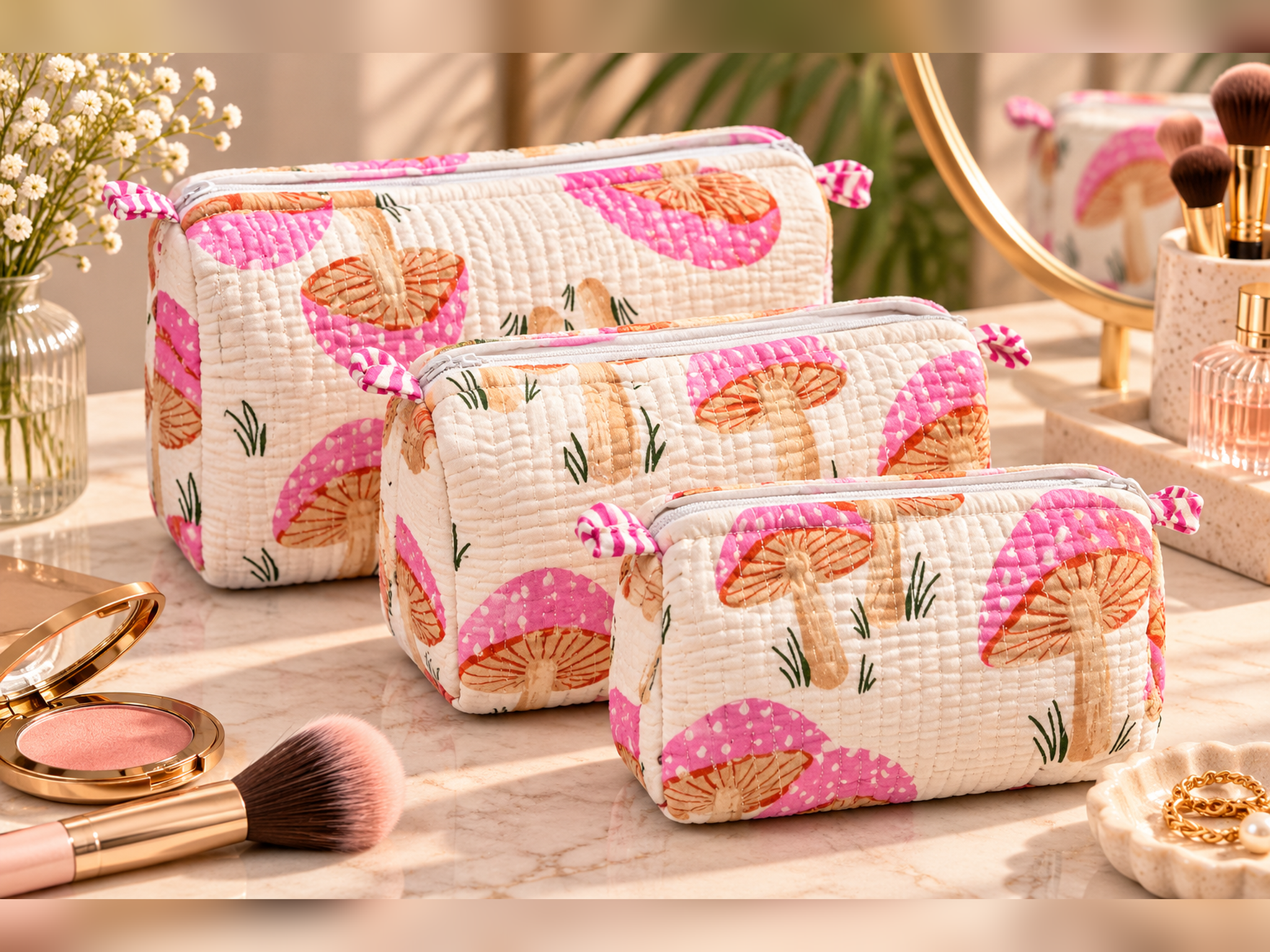 Mushroom Meadow Quilted Makeup Bag Set (Pack of 3)