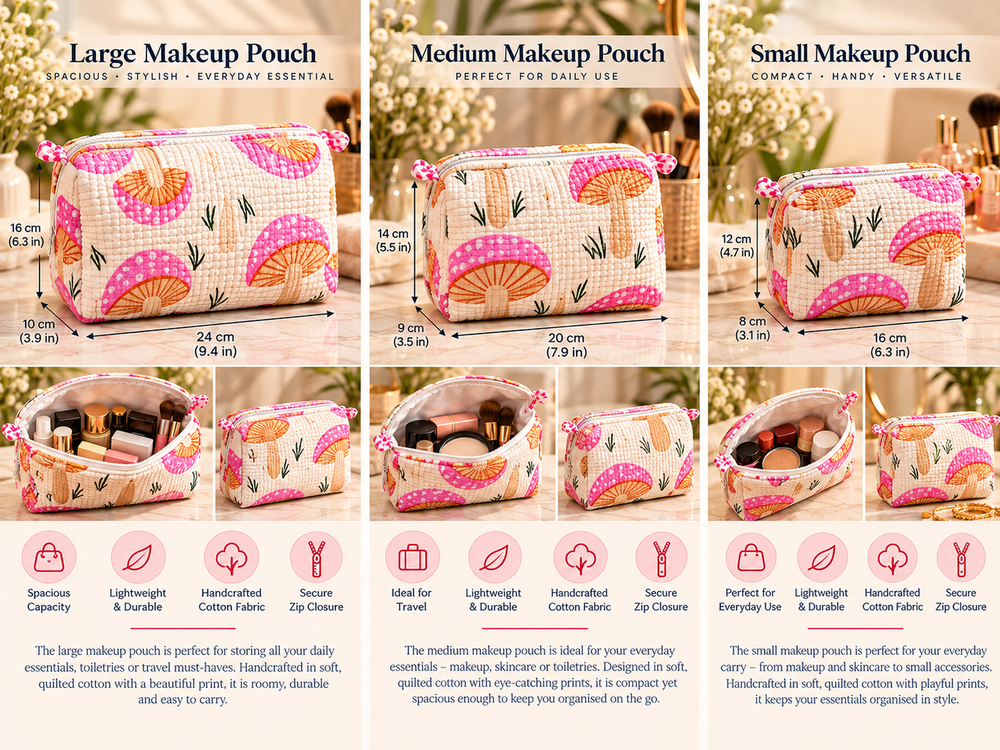 Mushroom Meadow Quilted Makeup Bag Set (Pack of 3) - Image 2